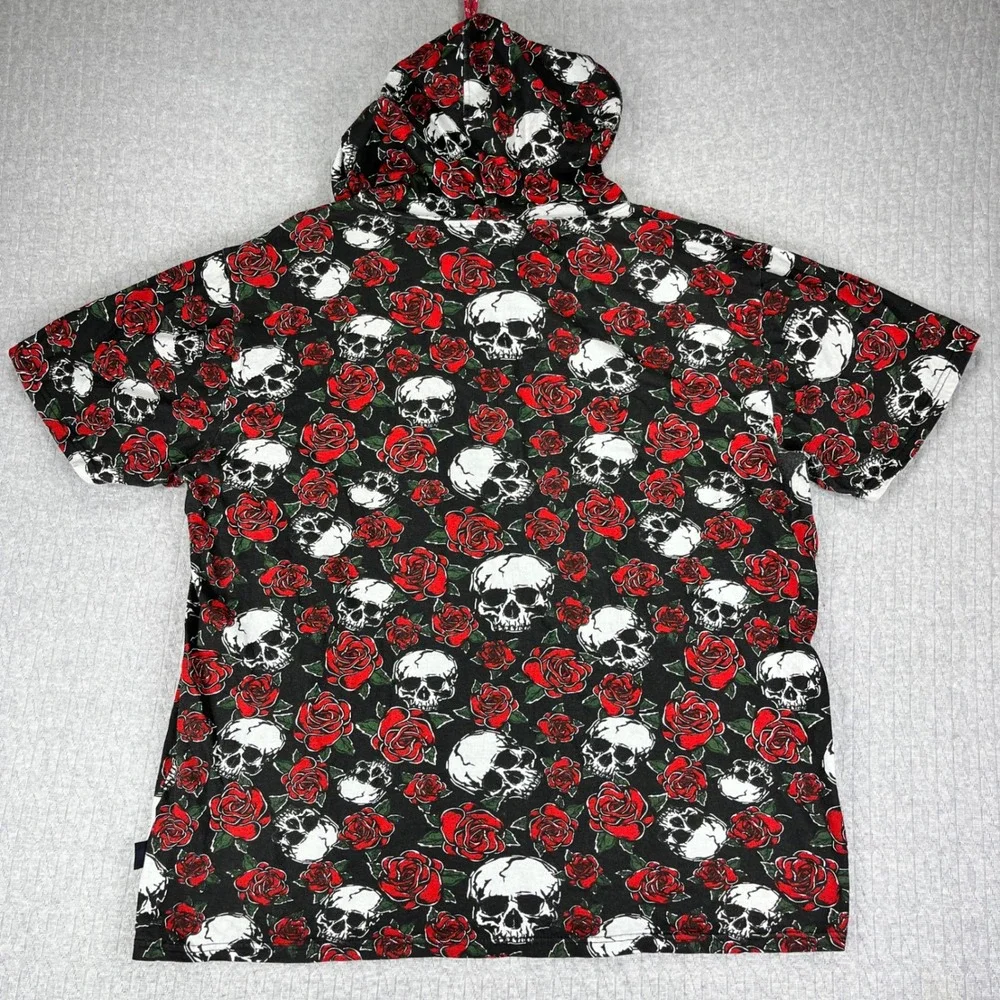 Skulls and roses death punk‎ rock/roll Short Sleeve Hoodie Men/Women XL Black